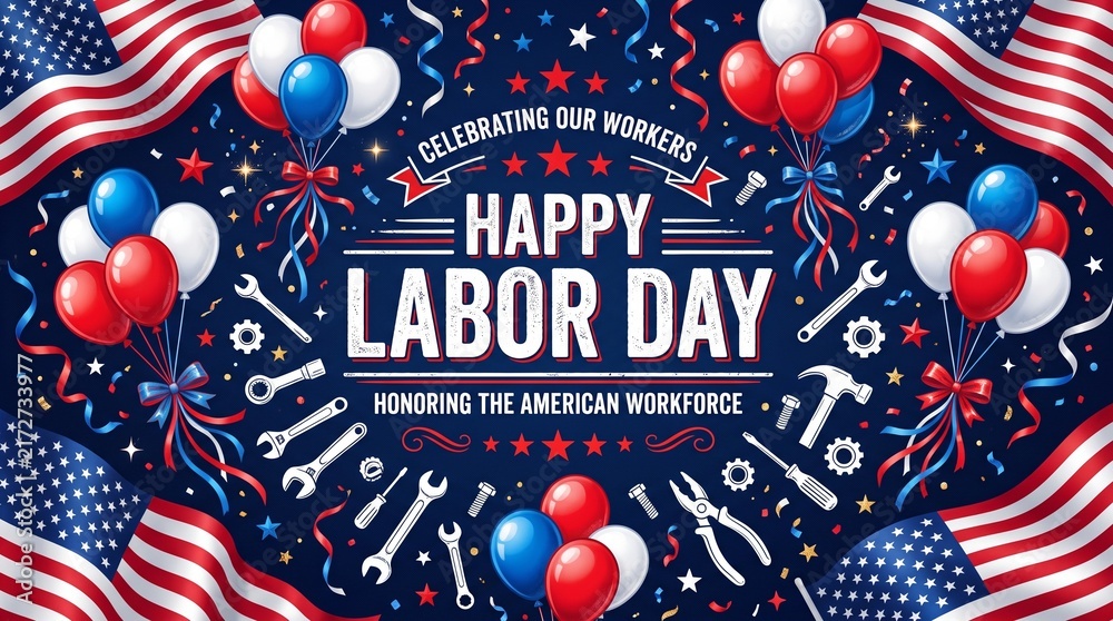 Fototapeta premium patriotic labor day celebration background with tools and balloons