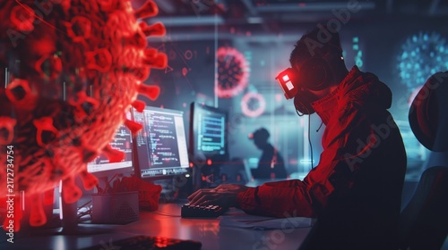 Person working in high tech workplace with virus model