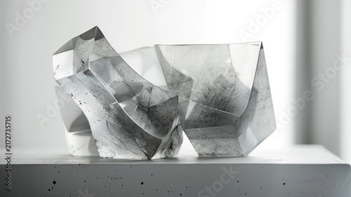 Abstract sculpture with geometric shapes and reflective surfaces