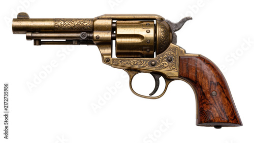 Photography Antique brass revolver with ornate engraving and wooden grip, isolated on transp