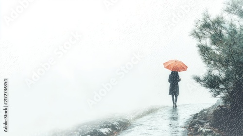 Misty walk with umbrella