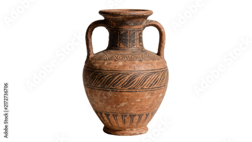 Foto Ancient terracotta amphora with black geometric patterns, isolated on transparen