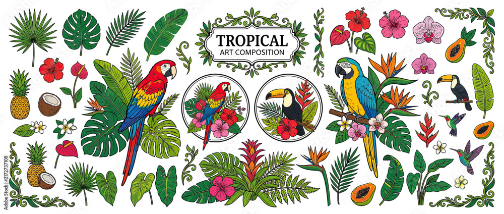 Naklejka premium Vibrant Tropical Birds and Exotic Flora Collection