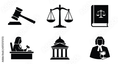 Legal icons set featuring gavel scales of justice and courthouse illustration