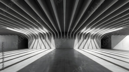 Modern architectural interior with symmetrical wooden ceiling beams and dramatic lighting in black and white photography