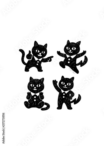 Funny Black Cat Character Set in Suit, Hand-Drawn Cartoon Animal Illustration Bundle