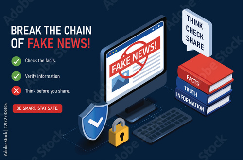 Isometric 3D vector illustration of fake news concept with computer screen showing fake news warning, fact check checklist, and books on a dark background.
