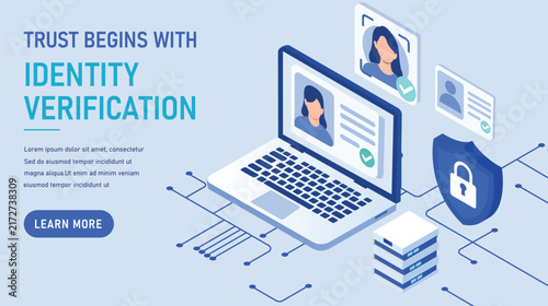 Isometric 3D vector illustration of online identity verification concept featuring laptop with user profile, facial recognition, ID card, and security lock shield on light blue background.