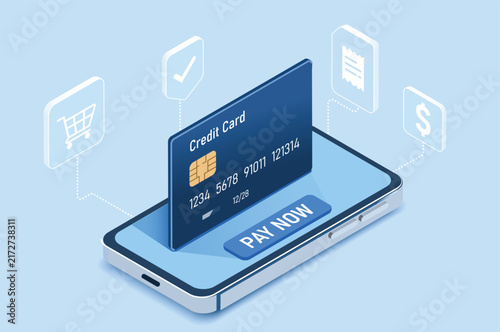 Isometric 3D vector illustration of online mobile payment and e-commerce shopping featuring a credit card inserting into smartphone screen with pay button on light blue background.
