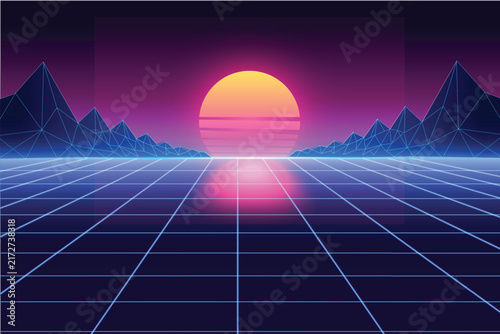 Retro 80s synthwave background with glowing neon grid floor, sunset sun, and wireframe polygon mountains in futuristic outrun style.