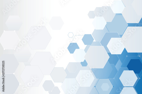 Abstract blue and white hexagonal background with geometric shapes and copy space for medical, technology, and science presentations.