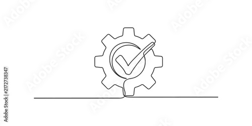 Continuous single line drawing of a gear with a check mark symbol inside representing success and technical process optimization