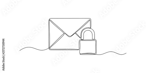 Continuous single line drawing of an envelope with a padlock representing secure email communication and data privacy