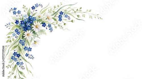 Watercolor wild flower corner arrangement with blue forget me not