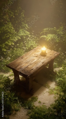 Wooden table with candle in a misty garden setting.