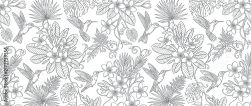 Hand-drawn tropical floral pattern with hummingbirds