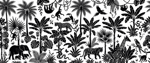Jungle Silhouette Seamless Pattern with Tropical Wildlife and Plants