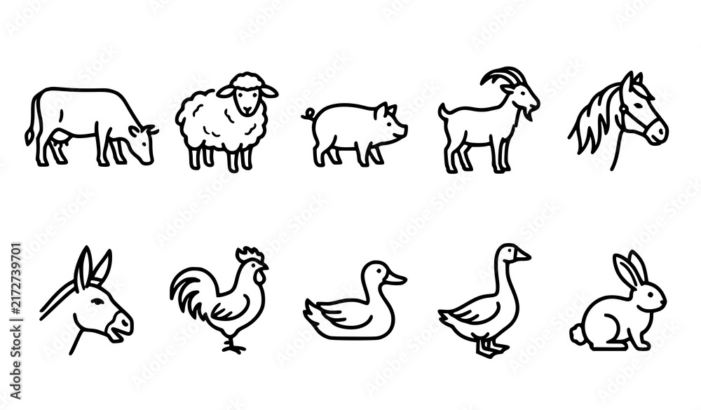 Obraz premium Minimalist farm animal outline icon collection with livestock poultry horse cow sheep goat pig duck and rabbit vector art