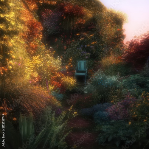 A teal garden chair nestled amidst a vibrant flower garden.