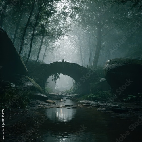 Misty woodland stream with an arched stone bridge.