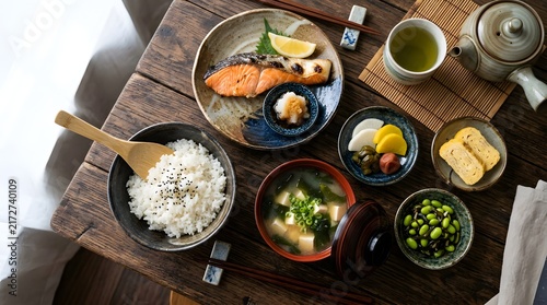 Healthy japanese food meal set with fish rice and tea