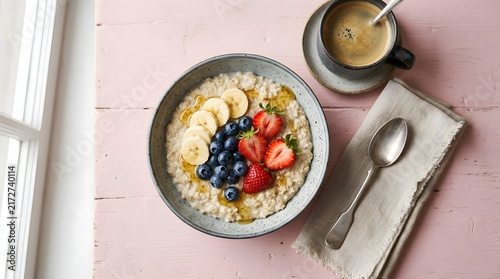 Healthy oatmeal breakfast bowl with fresh fruit and coffee