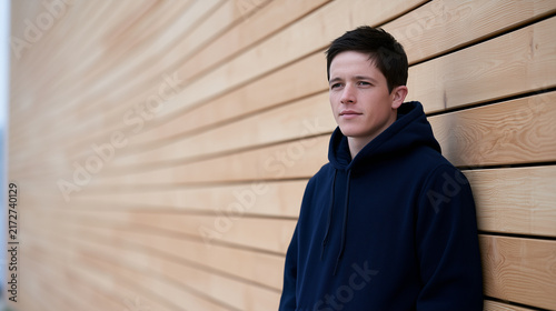 Young Man Wearing A Navy Blue Hoodie Mockup Posing Against A Modern Wood Slat Wall Background