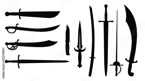 Bild auf Leinwand Collection of historical and medieval sword silhouettes including katana scimita
