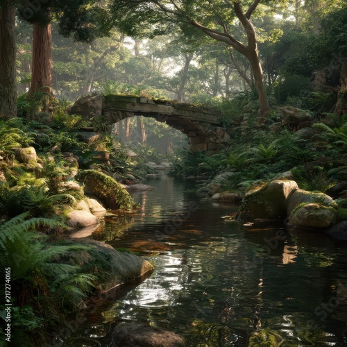 A tranquil stream flowing beneath a weathered stone arch bridge in a lush forest.