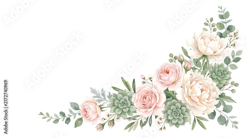 Watercolor floral corner arrangement with pink rose and succulent