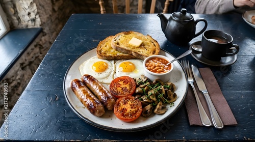 Hearty breakfast meal with fried eggs sausage toast beans and coffee