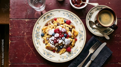 Hearty breakfast pancake dish with fresh berries and coffee