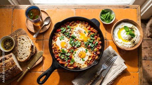 Hearty breakfast skillet with eggs and fresh bread
