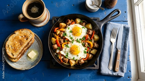Hearty breakfast skillet with eggs toast and coffee overhead view