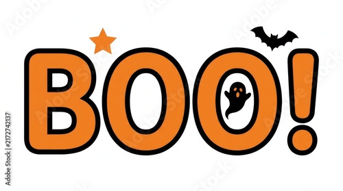 Halloween boo typography graphic with little ghost and flying bat