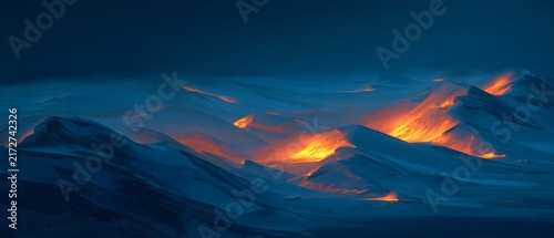 Cinematic landscape of glowing orange fire burning inside blue icebergs