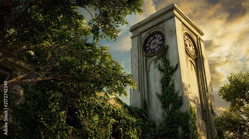 Clock tower of a dilapidated building at sunset, overgrown with vines.