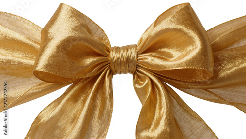 Fotografía Shiny golden organza ribbon bow, isolated on transparent background