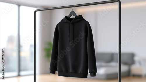 Blank Black Hoodie Mockup Displayed on a Minimalist Clothing Rack in a Modern Bright Bedroom