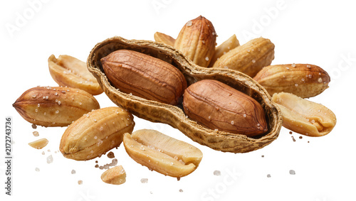 Quadro su tela Salted peanuts in shell and shelled, isolated on transparent background