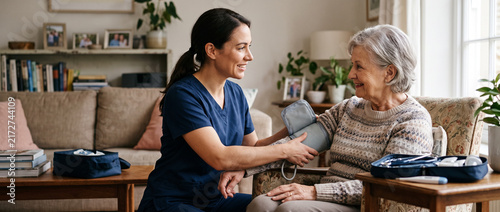 Home healthcare nurse checks older adult patient’s blood pressure during scheduled visit, supporting senior care, preventive monitoring, chronic care, patient safety and personalized nursing.
