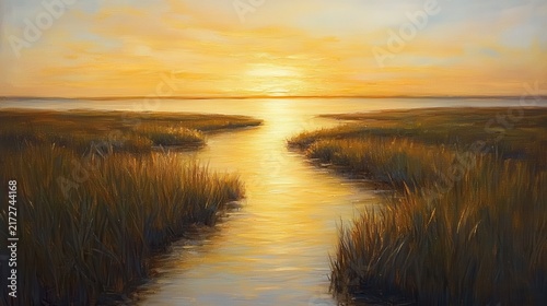 Serene Wetland River at Sunset with Tall Grass and Golden Sky Reflection