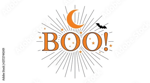 Halloween boo burst logo with crescent moon and sparkling stars