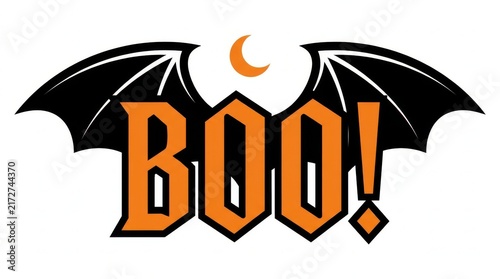 Halloween text boo with black bat wings and crescent moon graphic