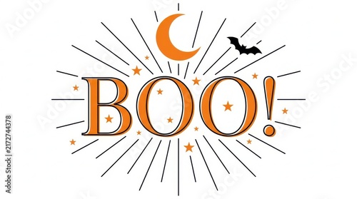 Halloween text boo with sunburst rays crescent moon stars and flying bat