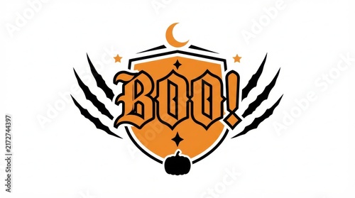 Halloween badge graphic featuring orange boo text shield crescent moon pumpkin