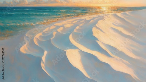 Serene Beach Shore with Curving White Crests and Gentle Waves at Sunset