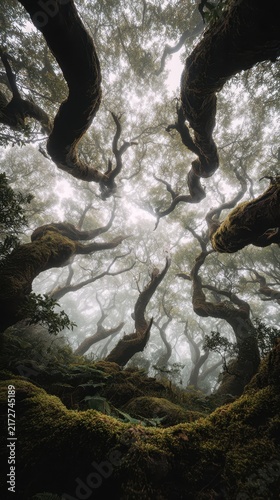 Intricate tree branches intertwine in a misty forest.