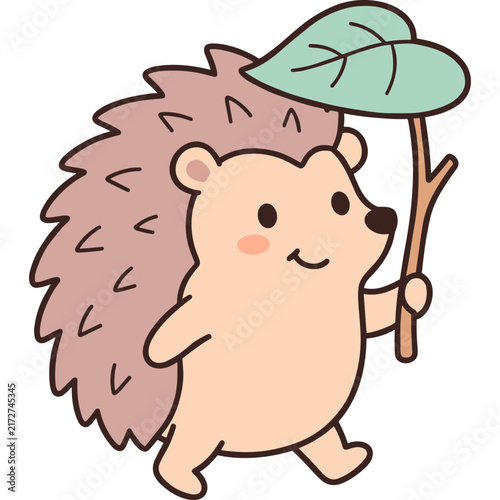 Cute cartoon hedgehog walking while holding a green leaf as an umbrella in a simple flat vector style illustration