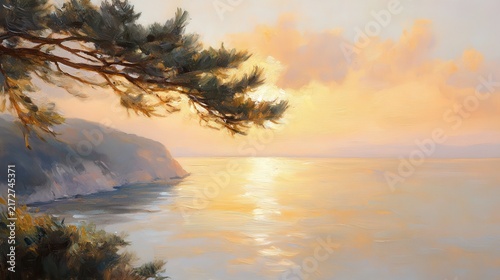 Serene Coastal Sunset with Trees and Vibrant Sky Reflection on Water